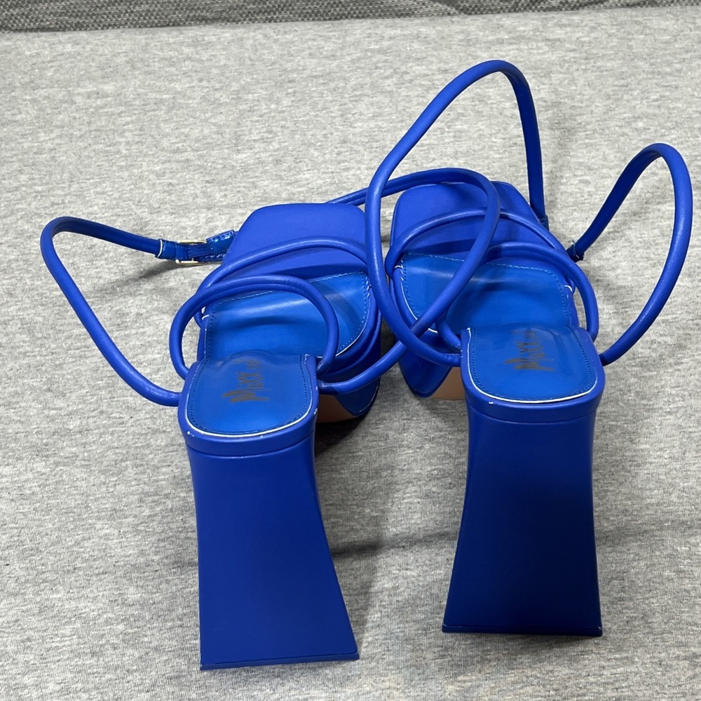 Mixx Shuz Platforms Blue Satin Heels Shoe  Women's Size 8.5 Ankle Wrap Straps - Picture 9 of 14